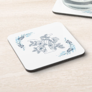 Initial "Y" Blue Monogram Calm Floral Beverage Coaster