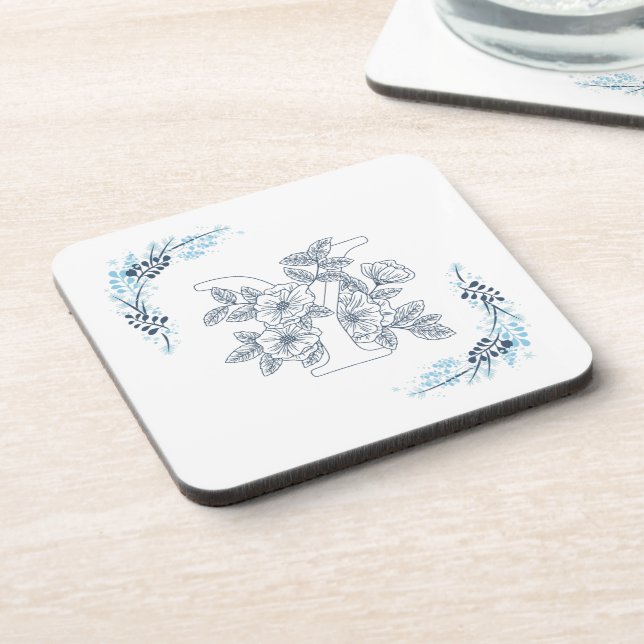 Initial "Y" Blue Monogram Calm Floral Beverage Coaster (Left Side)