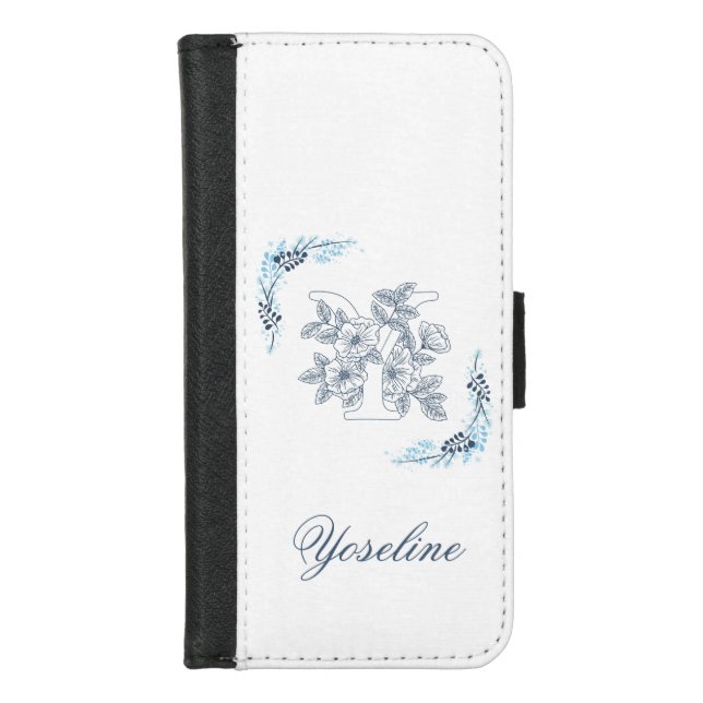 Initial "Y" Blue Monogram Calm Floral iPhone Wallet Case (Front)