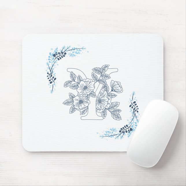 Initial "Y" Blue Monogram Calm Floral Mouse Pad (With Mouse)