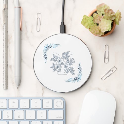 Initial Y Blue Monogram Calm Floral Wireless Charger