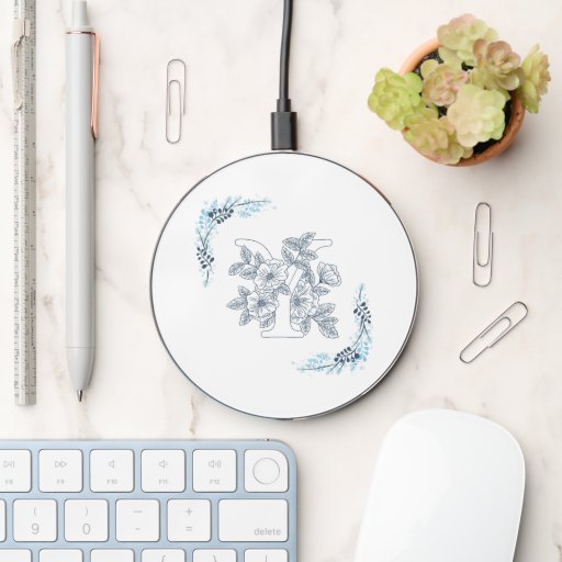 Initial "Y" Blue Monogram Calm Floral Wireless Charger