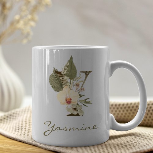 Initial Y Boho Floral Orchid Greenery Custom Name Coffee Mug