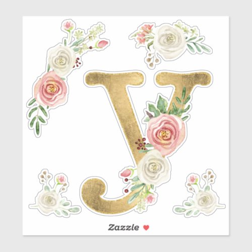 Initial Y Gold Blush Peony Rose Floral Watercolor Sticker