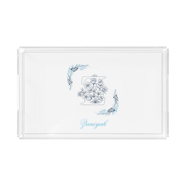 Initial "Z" Blue Monogram Calm Floral Acrylic Tray (Front)