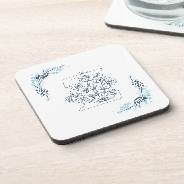Initial "Z" Blue Monogram Calm Floral Beverage Coaster (Left Side)
