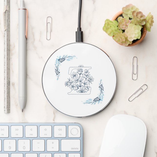 Initial "Z" Blue Monogram Calm Floral Wireless Charger (Desk)