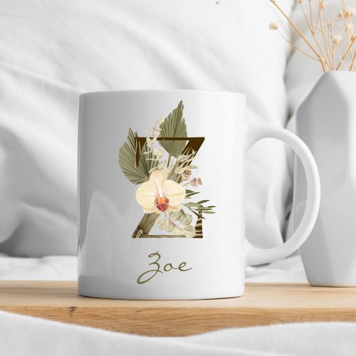 Initial Z Boho Floral Orchid Greenery Custom Name Coffee Mug