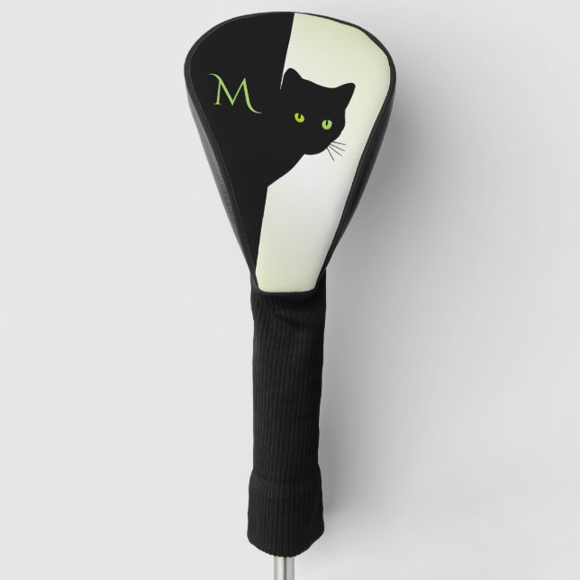Initialed Green Eyed Black Cat Golf Head Cover (Front)