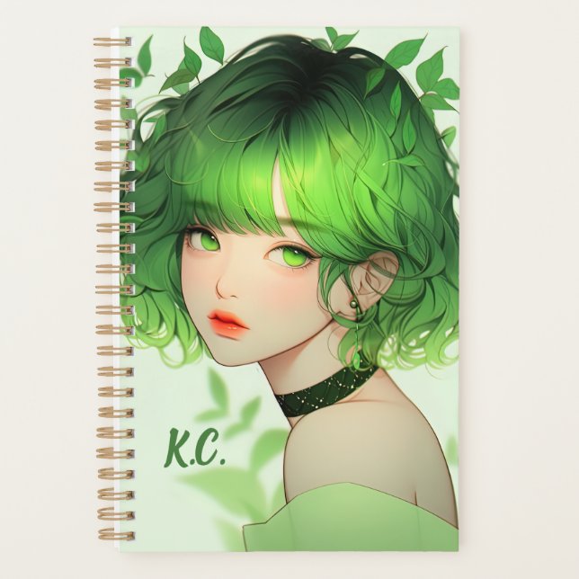 Initialed Green Goth Kpop Anime Girl Custom  Planner (Front)