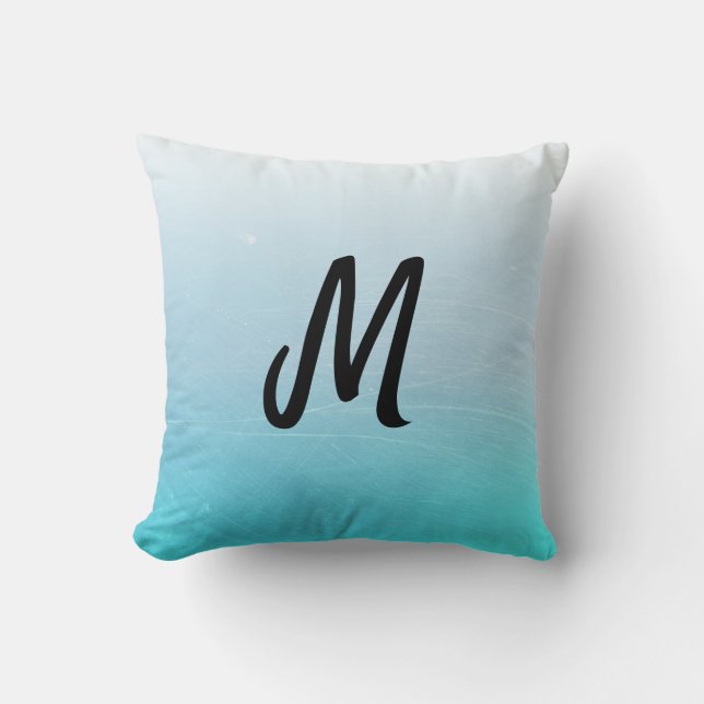Initialed Pretty Aqua Blue Gradient Throw Pillow (Front)