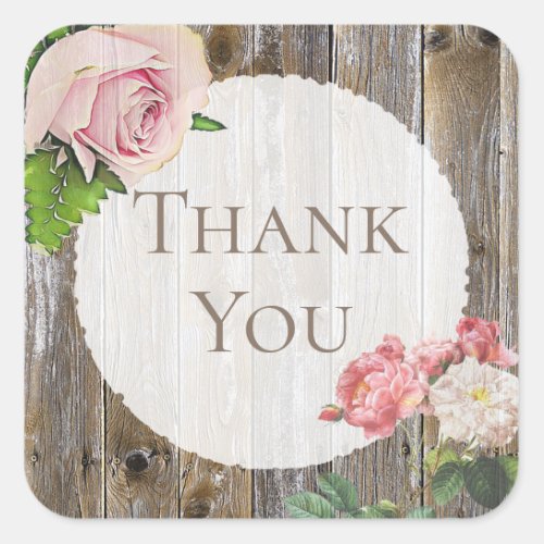 Initialed Rustic Wood Pink Rose Thank You Stickers