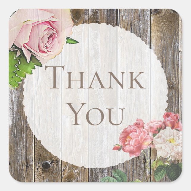 Initialed Rustic Wood Pink Rose Thank You Stickers (Front)