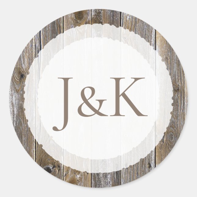 Initialed Rustic Wood Wedding Stickers (Front)