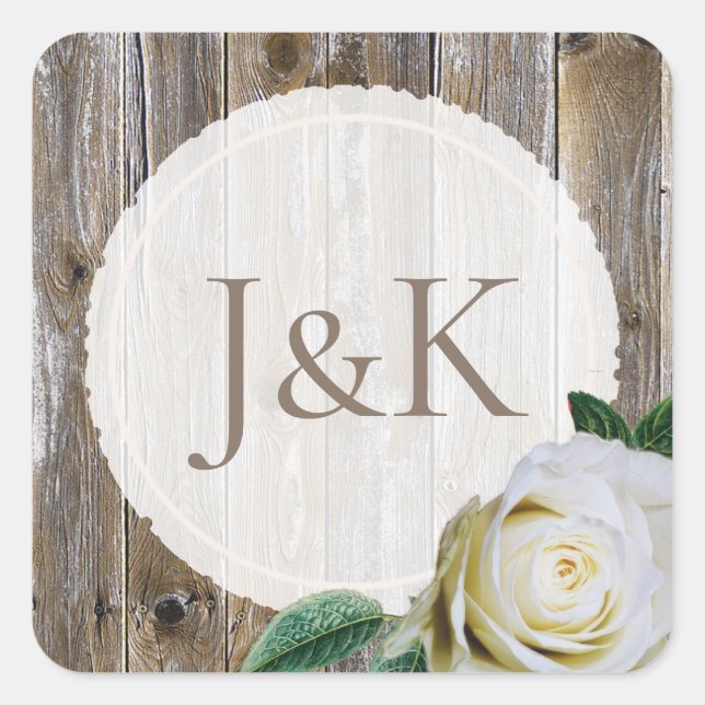 Initialed Rustic Wood White Rose Wedding Stickers (Front)