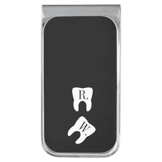 Initialed Teeth Dentistry Profession Symbol Custom Silver Finish Money Clip (Front Vertical)