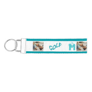 Initials 4 family photo blue teal Golf Word checks Wrist Keychain