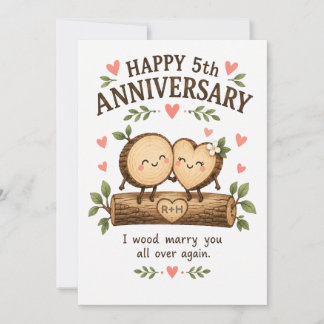 Initials 5th Anniversary Card - Wood Anniversary