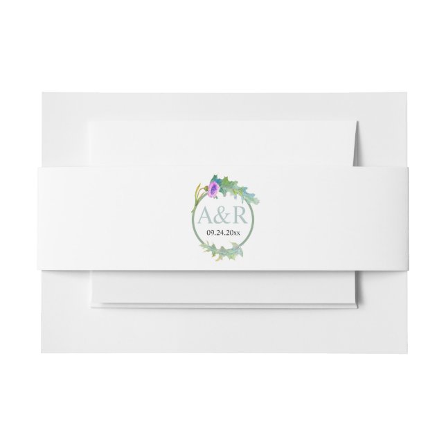 Initials and stylized olive branch wedding invitation belly band (Front Example)