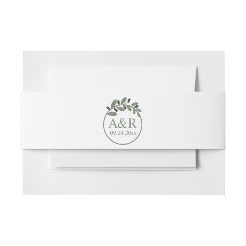 Initials and stylized olive branch wedding invitation belly band