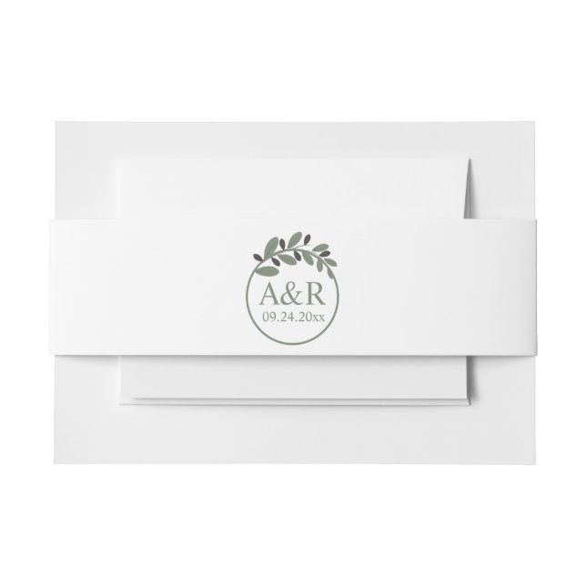 Initials and stylized olive branch wedding invitation belly band (Front Example)