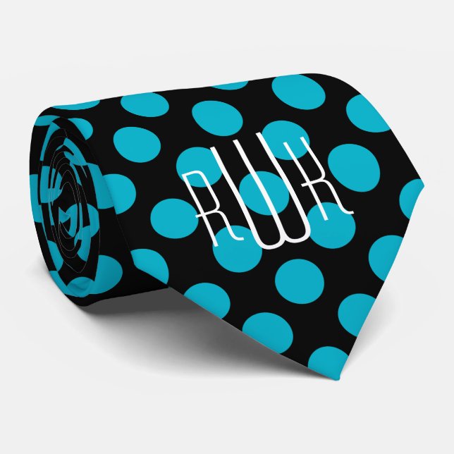 Initials Aqua Black Polka Dots Neck Tie (Rolled)