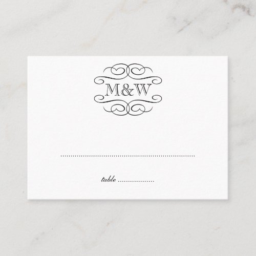 Initials black scroll wedding escort seating place business cards