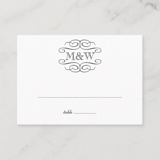 Customizable Initials black scroll wedding escort seating place business cards
