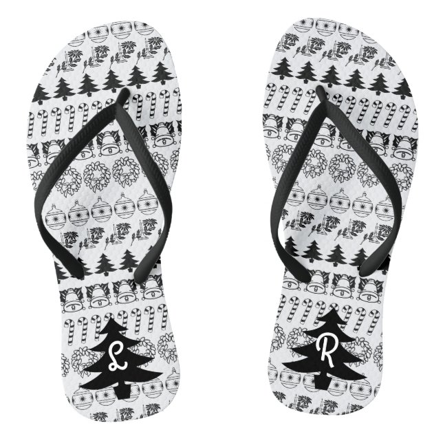 Initials | Black & White Iconic Christmas Pattern Flip Flops (Footbed)