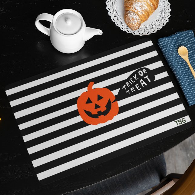 Initials,Black White Stripe Smiling Pumpkin 20x14  Cloth Placemat (Creator Uploaded)