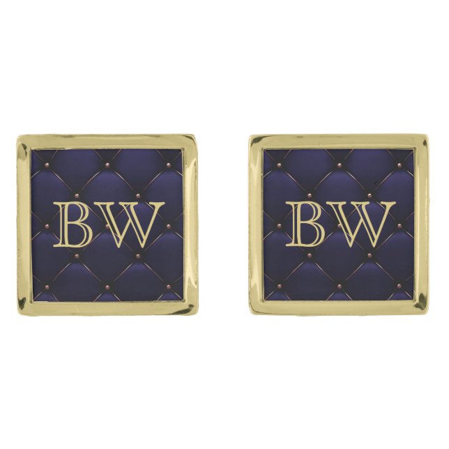 Initials Blue Tufted Leather Cufflinks (Front)
