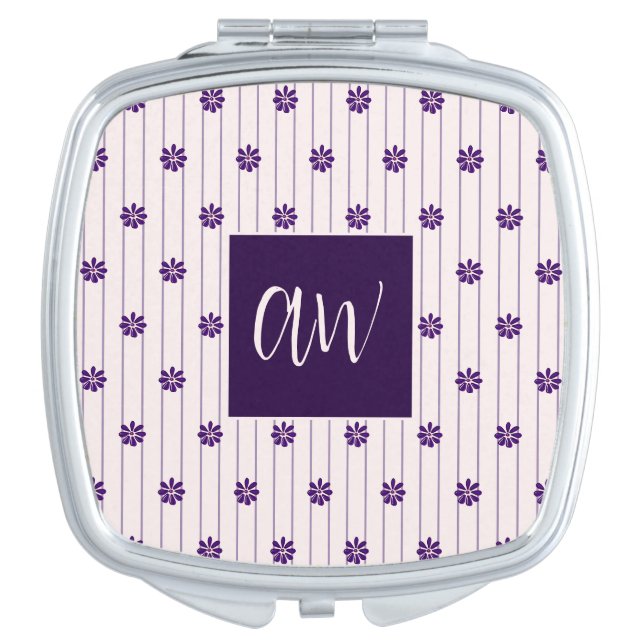Initials Blush & Violet Stripes Floral Pattern Compact Mirror (Front)