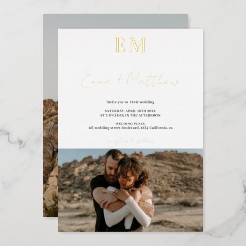 Initials calligraphy simple 2 photos wedding foil invitation