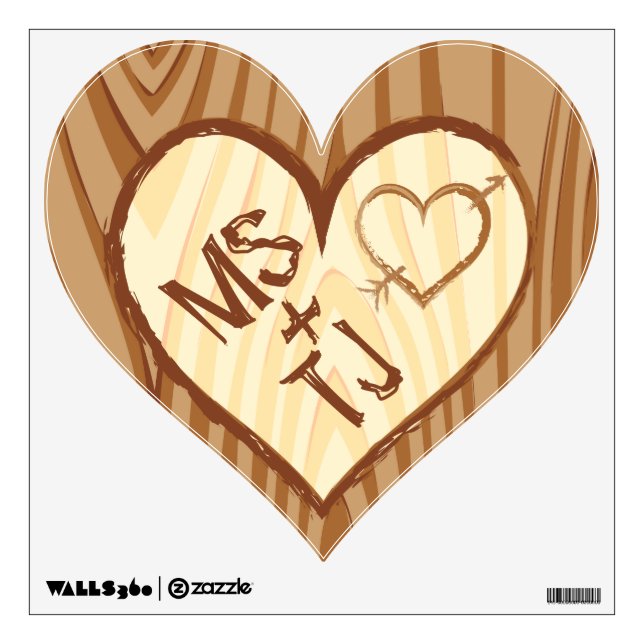 Initials Carved in Wood - Custom Heart Wall Decal (Front)