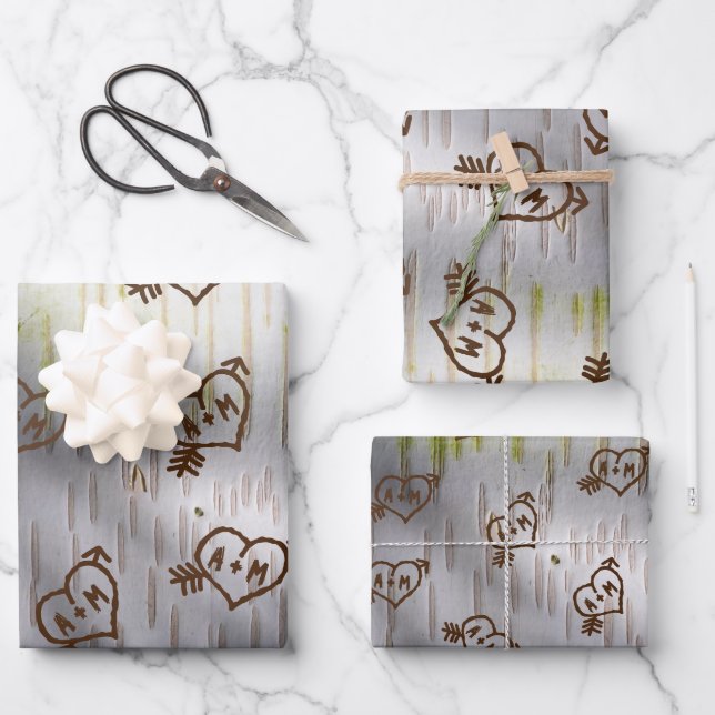 Initials Carved on a Tree Valentines Wrapping Paper Sheets (Front)