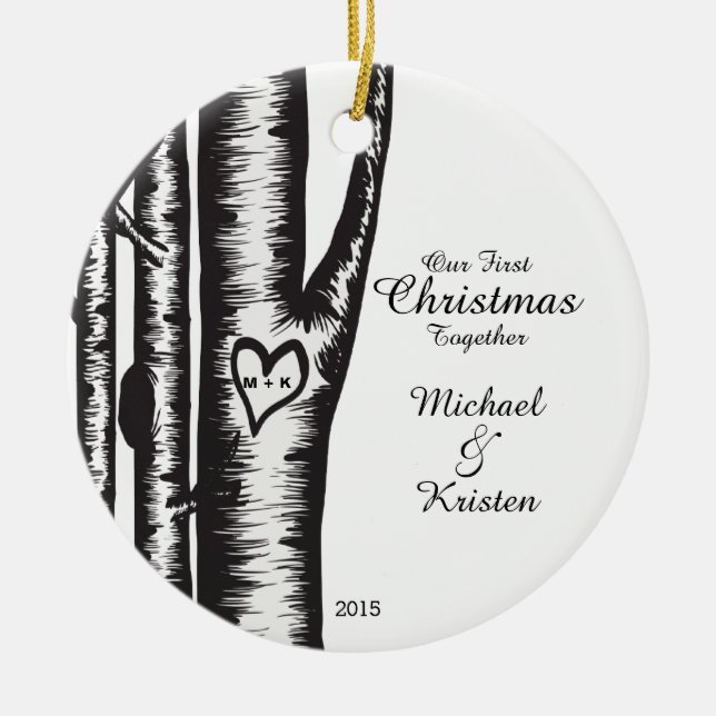 Initials Carved On Tree Couples Christmas Ceramic Ornament (Front)