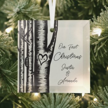 Initials Carved On Tree Couples Christmas Glass Ornament by celebrateitornaments at Zazzle