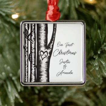 Initials Carved On Tree Couples Christmas Metal Ornament by celebrateitornaments at Zazzle