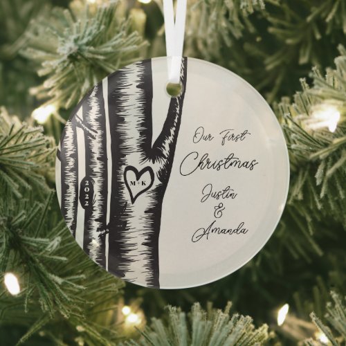Initials Carved On Tree Couples Glass Ornament