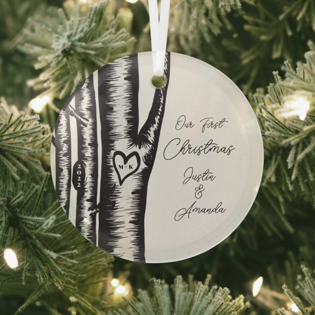 Initials Carved On Tree Couples Glass Ornament (Insitu)
