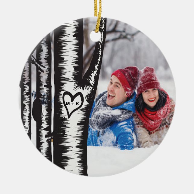 Initials Carved On Tree Couples Photo Christmas Ceramic Ornament (Front)