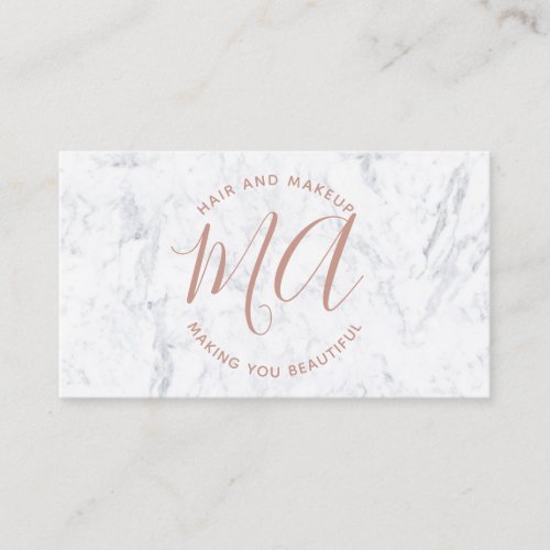 Initials chic rose gold script simple white marble business card