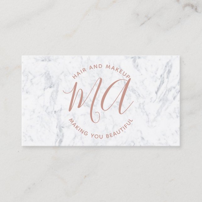 Initials chic rose gold script simple white marble business card (Front)