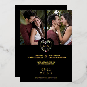 Initials Elegant Floral Red Heart 2 Photos Black Foil Invitation