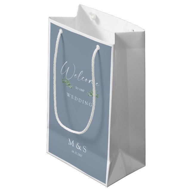 Initials Eucalyptus Wedding Favor Dusty Blue Small Gift Bag (Front Angled)