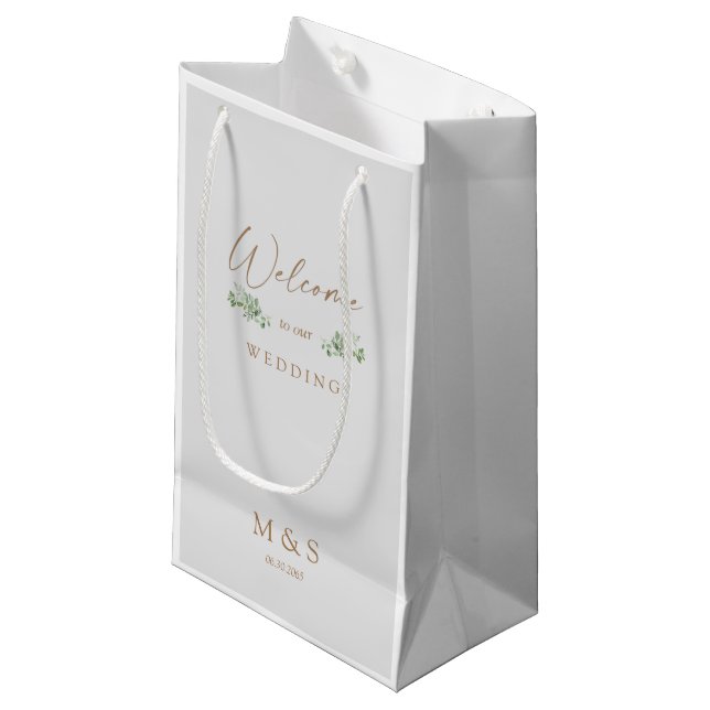 Initials Eucalyptus Wedding Favor Grey & Gold Small Gift Bag (Front Angled)