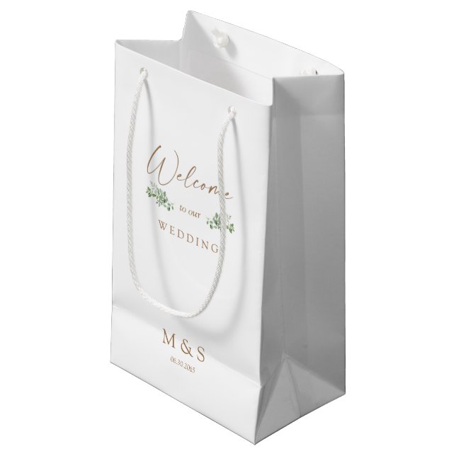Initials Eucalyptus Wedding Favor White & Gold Small Gift Bag (Front Angled)