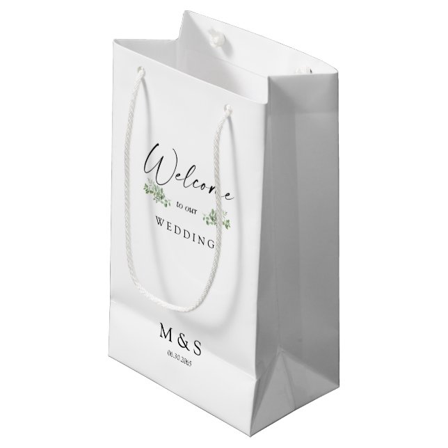 Initials Eucalyptus Wedding Favor White Small Gift Bag (Front Angled)