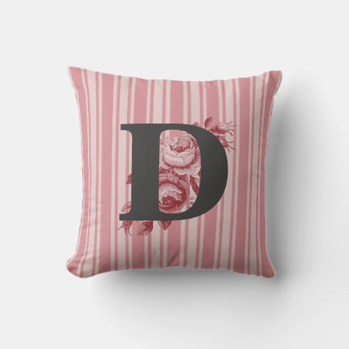 Initials F E D O B or R Cabbage Roses and Stripes Throw Pillow