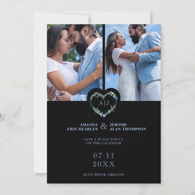 Initials Floral Blue Heart 2 Photos on Black Save The Date (Front)